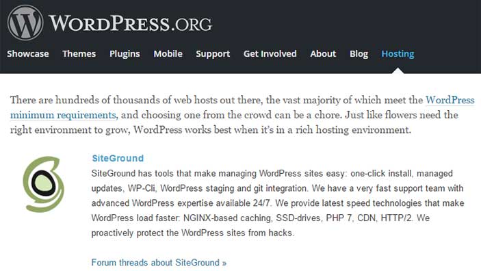 Hosting SiteGround raccomandato da WordPress.org