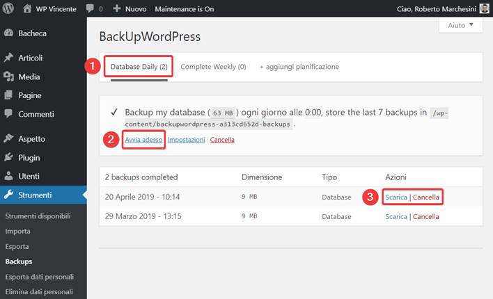 Come fare backup WordPress plugin-Step3